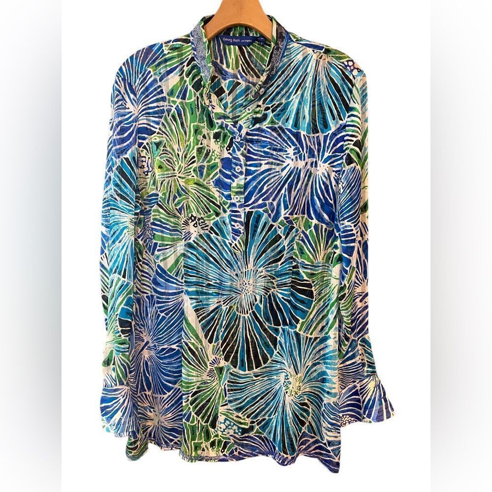 George Roth Sz M Sheer Blue Green Large Tropical Flowers Sequin Collar Tunic